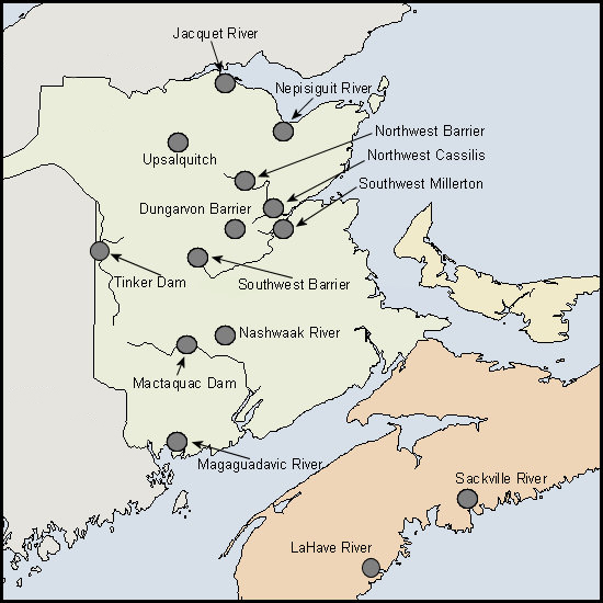 Location of sites on a map of the Maritimes